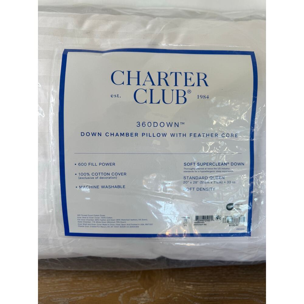 Charter Club 360Down Standard/Queen Pillow 600 Fill Power Soft Density White - Picture 2 of 4